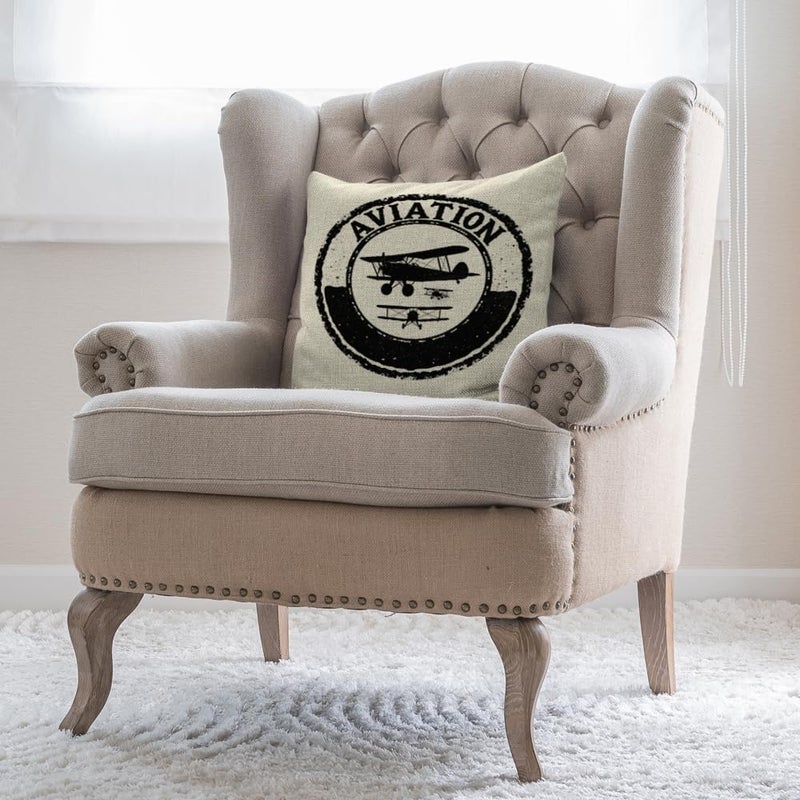 Moslion Airplane Throw Pillow Cover Stamp Design with Word Aviation and Airplane Pillow Case 18x18 Inch Cotton Linen Square Cushion Decorative Cover for Sofa Bedroom Black White - Image 4